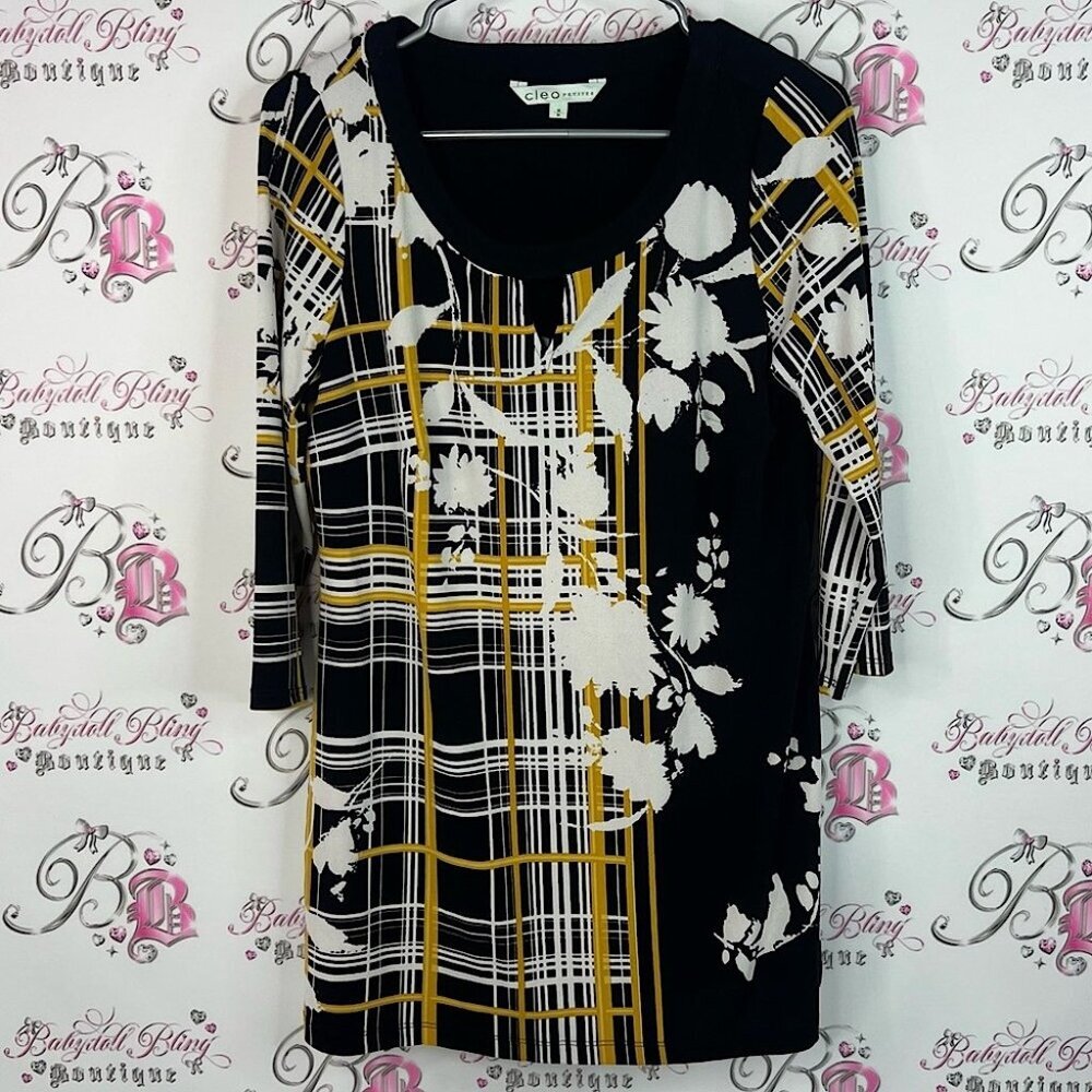 Cleo Black and White Floral Blouse with Yellow Accents flowers scoop neck